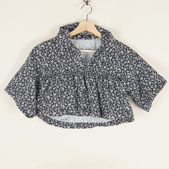 Zara Black Print Flared Hem Crop Top Built In Elastic Hemmed Liner Sz XS - Picture 1 of 6